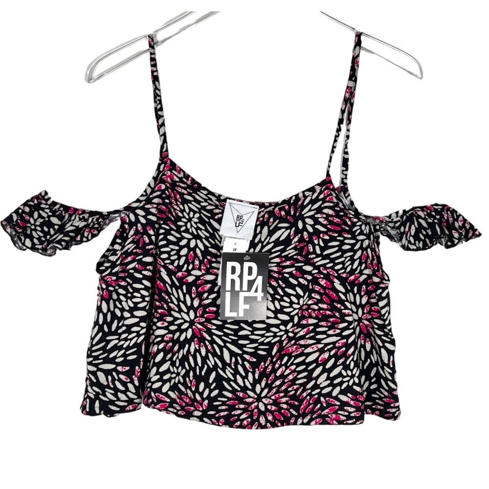 NEW! LF Women's Off The Shoulder Printed Top S Black Pink Spaghetti Strap $96